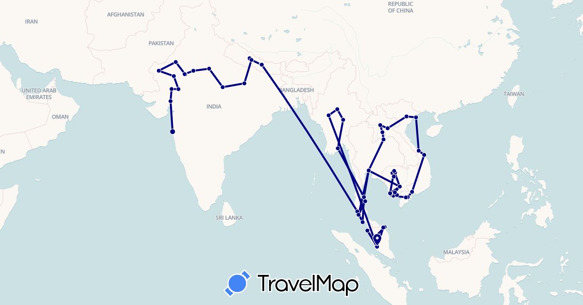 TravelMap itinerary: driving in India, Cambodia, Laos, Myanmar (Burma), Malaysia, Nepal, Thailand, Vietnam (Asia)